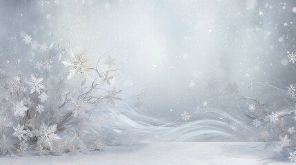  a snow scene with white flowers and snow flakes on a gray background.  generative ai