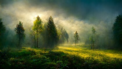 a wide angle forest scene overcast skies and lowlying fog diffused sunlight filtering through the clouds daylight tones of green and blue and gold photorealistic exteme detail 