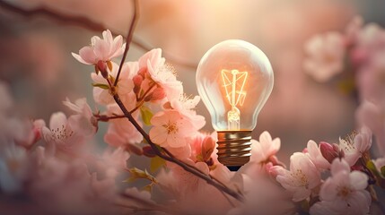  a light bulb sitting on top of a tree filled with pink flowers.  generative ai