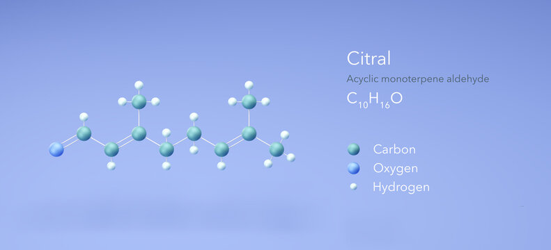 citral molecule, molecular structures, acyclic monoterpene aldehyde, 3d model, Structural Chemical Formula and Atoms with Color Coding