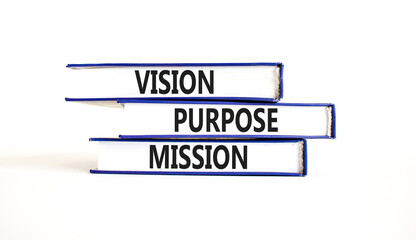 Vision purpose mission symbol. Concept word Vision Purpose Mission on beautiful books. Beautiful white table white background. Business motivational vision purpose mission concept. Copy space.