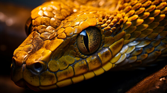 close up photo of a golden snake, AI Generative.