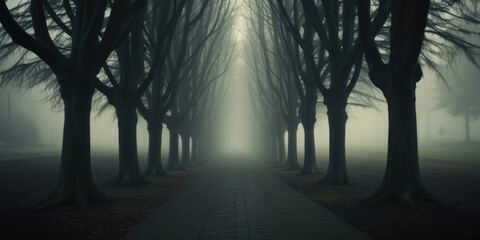 dry trees in a foggy misty morning. Road, driveway, path, boulevard, byway, route, track, trail, street, row of trees. - obrazy, fototapety, plakaty