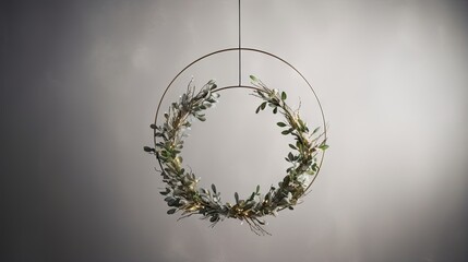  a circular wreath hanging from a wire with greenery on it.  generative ai