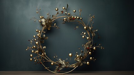  a gold wreath with berries and leaves on a blue wall.  generative ai
