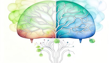 Watercolor illustration of two brain hemispheres