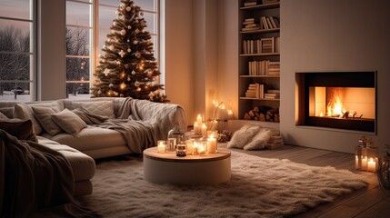  a living room with a christmas tree and a fire place.  generative ai