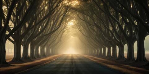 warm foggy sunset. Road, driveway, path, boulevard, byway, route, track, trail, street, row of trees. - obrazy, fototapety, plakaty