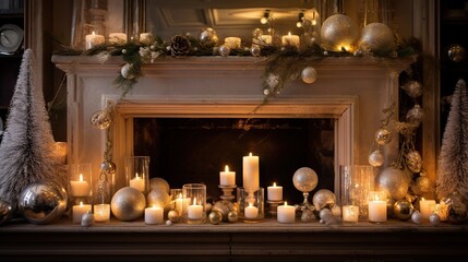  a mantle with candles and ornaments on it in front of a fireplace.  generative ai