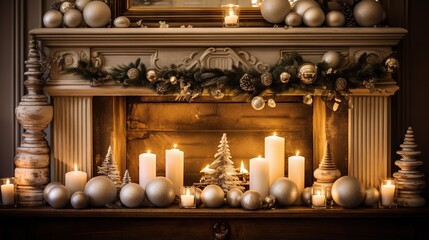  a fireplace with candles and ornaments around it and a christmas tree.  generative ai