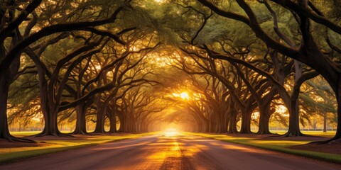 sunset sunrise summer mood. Road, driveway, path, boulevard, byway, route, track, trail, street, row of trees. - obrazy, fototapety, plakaty