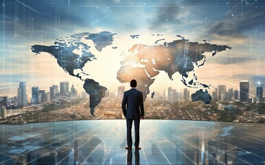 Global Business Network: Businessman Standing on World Map with Cityscape, Concept
