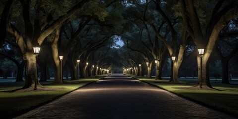 Obraz premium dusk time with lamp posts in a row. Road, driveway, path, boulevard, byway, route, track, trail, street, row of trees.