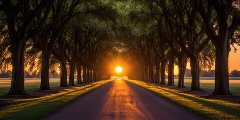sun shining through the trees. oak passage. Road, driveway, path, boulevard, byway, route, track, trail, street, row of trees. - obrazy, fototapety, plakaty