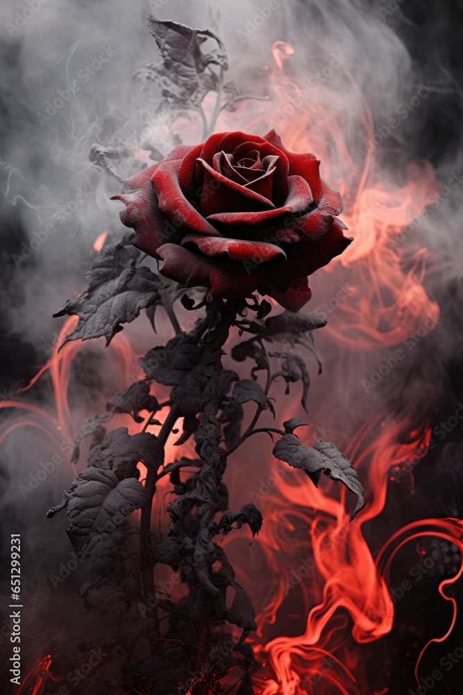 Wall mural black ashes on a red rose. smoke, ashes, fire, flames, embers, powder, explosion, mist, fog, fantasy, surreal, abstract. 