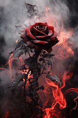 black ashes on a red rose. smoke, ashes, fire, flames, embers, powder, explosion, mist, fog, fantasy, surreal, abstract.  - obrazy, fototapety, plakaty