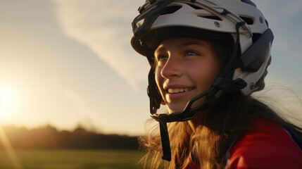 Twilight Triumphs on Turf: A Radiant Young Lacrosse Prodigy, Helmet in Place, Revels in the Warm Glow of Sunset, Awaiting the Next Athletic Challenge.