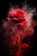 Poster red flaming rose and petals. smoke, ashes, fire, flames, embers, powder, explosion, mist, fog, fantasy, surreal, abstract.  © ana