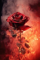 burning blood red rose closeup. smoke, ashes, fire, flames, embers, powder, explosion, mist, fog, fantasy, surreal, abstract.  - obrazy, fototapety, plakaty