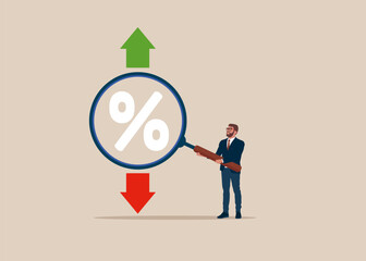 Exchange transfer rate. Businessman with a magnifying glass to view to percentage icon inside, up and down arrow. Vector illustration