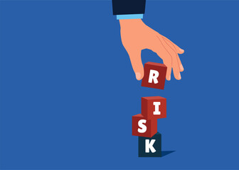 Hand businessman collects  pyramid of cubic stack with the word RISK. Solving problem, secure earning and loss. Flat vector illustration