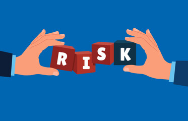 Two human confront with cubic stack with the word RISK. Flat vector illustration