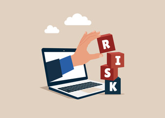 Computer collects  pyramid of cubic stack with the word RISK. Vector illustration