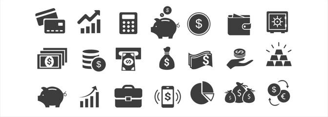 Finance icons. Business Icons, money signs. Wallet with cards icon. Growth chart. Moneybag or stash. Piggy bank flat style