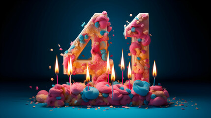 Photo celebrating 41st Birthday cake with a burning birthday candle. Number 41 generative ai - obrazy, fototapety, plakaty