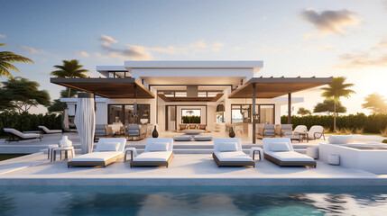 Fototapeta premium A luxurious, modern pool area with white architectural accents, featuring a pristine pool, lounge chairs, and a poolside bar, all inviting relaxation under the open sky