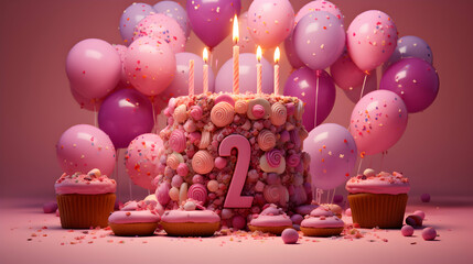Photo celebrating 2nd Birthday cake with a burning birthday candle. Number 2nd generative ai