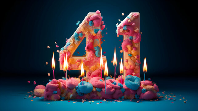 Photo celebrating 41st Birthday cake with a burning birthday candle. Number 41 generative ai