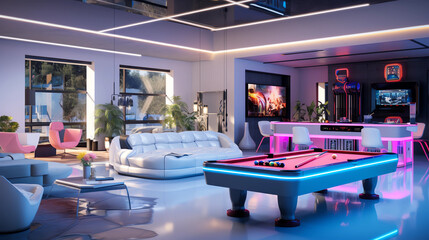 A sleek, modern game room in a clean white design, boasting a pool table, arcade machines, and a lounge area, all illuminated by playful neon lights and natural daylight