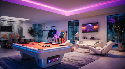 A sleek, modern game room in a clean white design, boasting a pool table, arcade machines, and a lounge area, all illuminated by playful neon lights and natural daylight