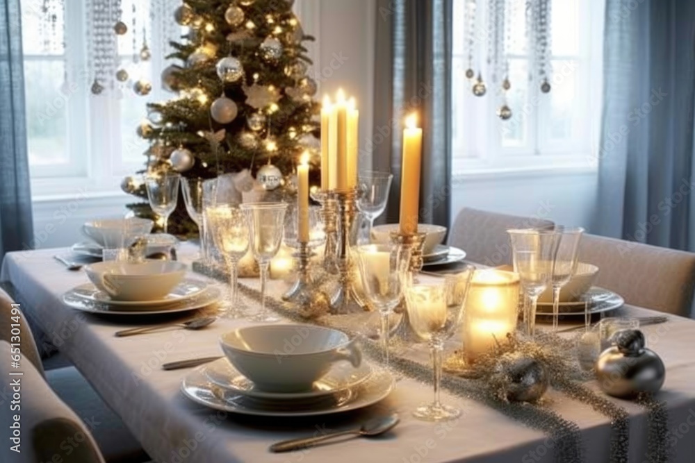 Wall mural Table served for Christmas dinner, AI Generated