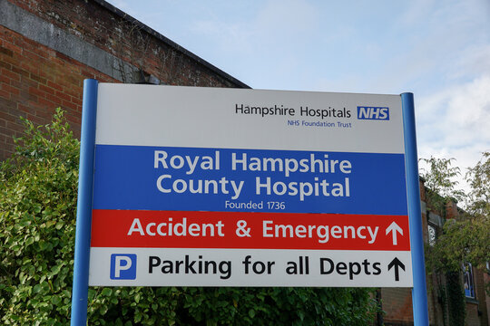 Winchester England 21 September 2023 - Royal Hampshire County Hospital Sign For Accident And Emergency. NHS Hospital In City Of Winchester 