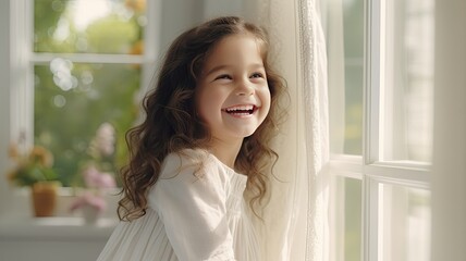 A little girl stands by a sunlit window, her face radiating happiness as she gazes outside. The white interior adds to the purity of the moment.