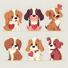 cute valentine dog characters flat illustration detailed vector colorful isolated white background set of 6 