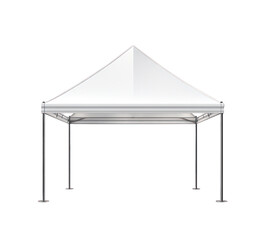 An elegant open-air white canopy gazebo with 4 pillars and open entranceway, isolated on a transparent background for easy placement in garden landscape designs