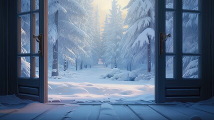 The view through an open door reveals a serene winter landscape with fresh snow and soft morning light