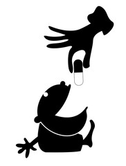 Doctor giving a child a pill.
Hand of the person putting a pill into the wide open mouth of the child. Black and white illustration
