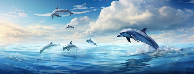 Dolphins leap joyfully from the azure waters, framed by a backdrop of a clear blue sky and cotton...