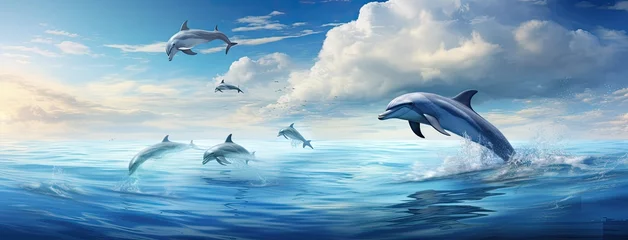 Foto op Canvas Dolphins leap joyfully from the azure waters, framed by a backdrop of a clear blue sky and cotton candy clouds. © lililia