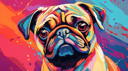 Foto op Plexiglas Adorable pug puppy in pop art style painting, minimal. Digital illustration generative AI. © Tepsarit