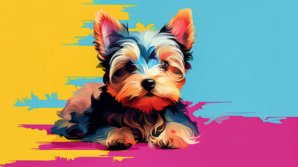 Adorable yorkshire terrier puppy in pop art style painting, minimal. Digital illustration generative AI.