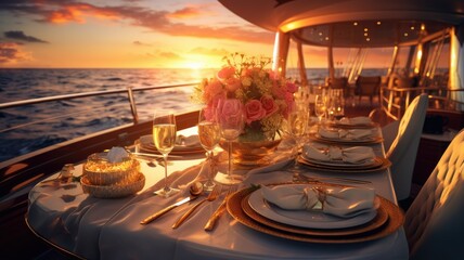A sumptuous table on a luxurious motor yacht, bathed in the warm hues of a sunset, awaits a couple for a romantic dinner at sea.