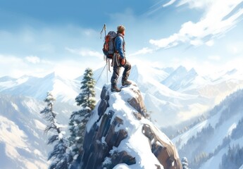Man with backpack standing on the top of mountain and enjoying the view. Travel concept. Achieving your dreams. Digital art in watercolor style. Illustration for cover, card, interior design or print. - obrazy, fototapety, plakaty