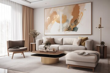 Large sofa in a luxurious apartment. Big mockup frame hanging on the wall. Contemporary style. Generative AI.