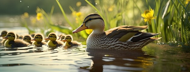 A female mallard leads her adorable ducklings along the tranquil riverbank, basking in the warm sun and showcasing the beauty of nature's renewal. - Powered by Adobe