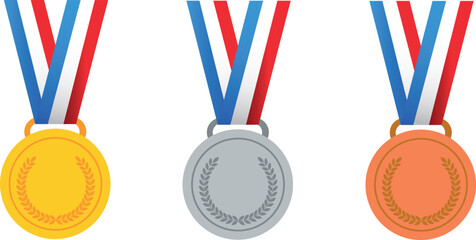 Gold, silver and bronze medals with ribbon flat vector icons for sports apps and websites